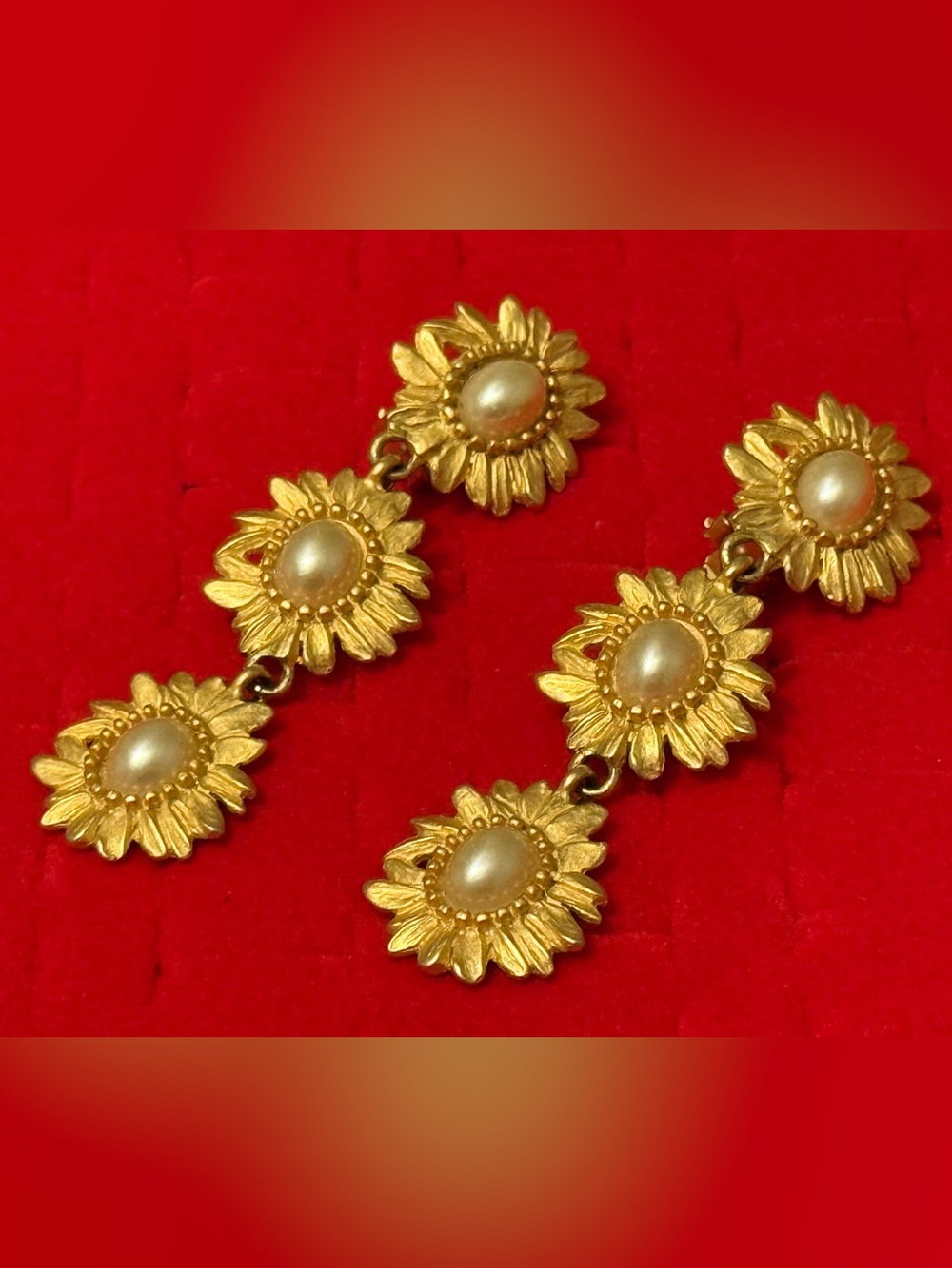 Vintage Statement Long Gold-Tone Sunflower Drop Earrings with Pearl Centers